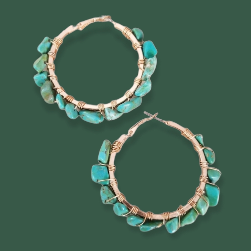 Hand Crafted Boho Turquoise Nugget Wire Wrapped Hoop Earrings